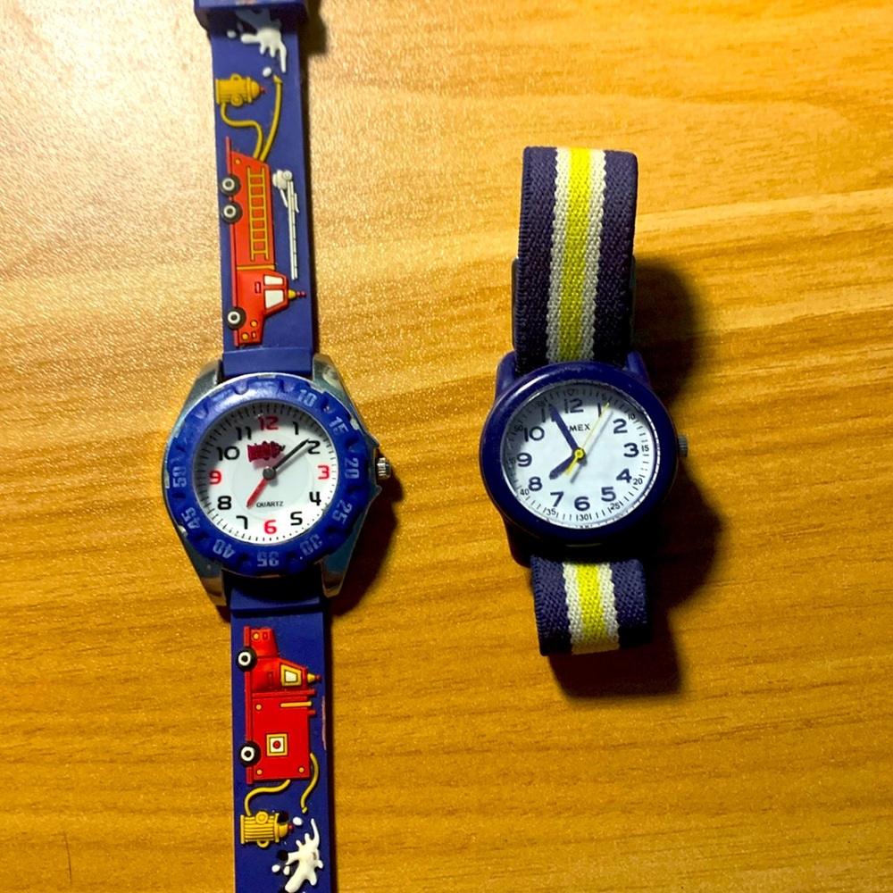 Timex blue/yellow watch and fire truck watch